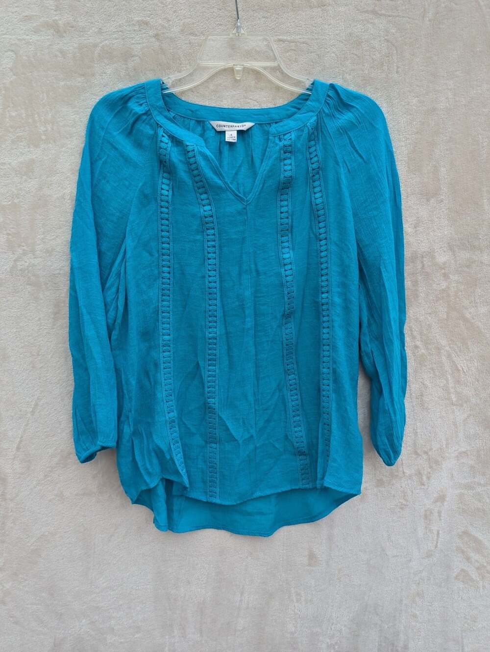 Counterparts Turquoise Blue Split-Neck Peasant Blouse with Crochet Lace Trim Siz